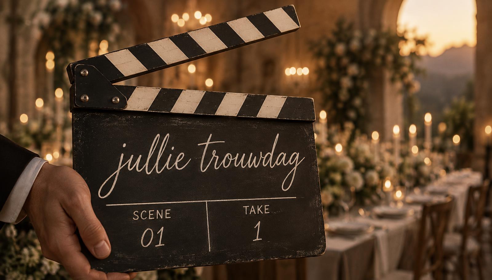 Een filmklapper met in krijt de tekst 'jullie trouwdag' op de lei, met een kaarsverlichte bruiloftszaal op de achtergrond