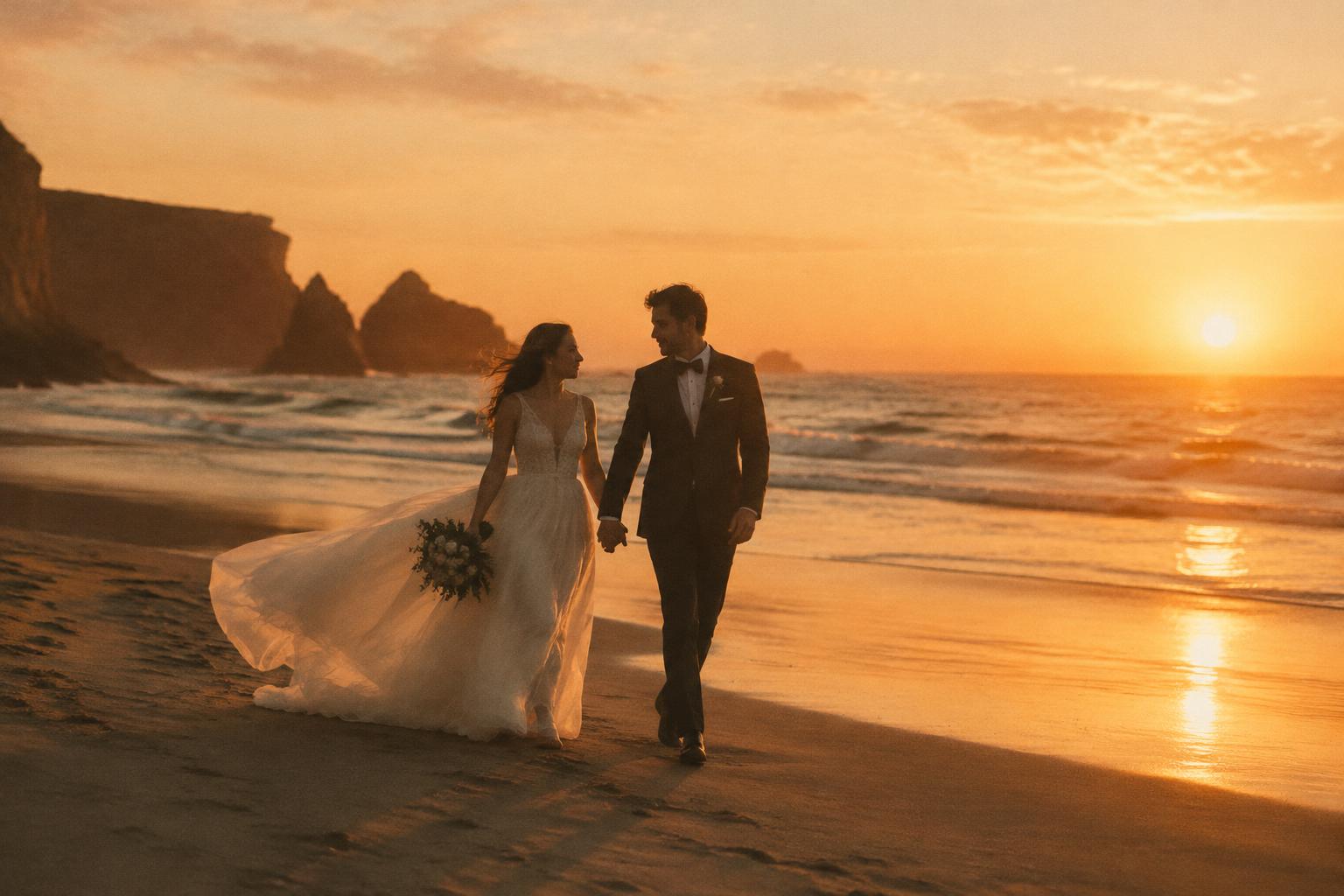 Een bruidspaar loopt hand in hand over een strand bij zonsondergang